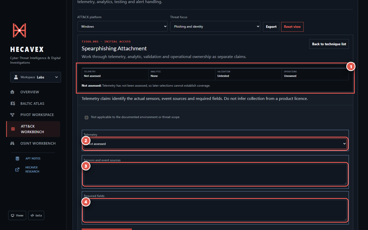 Capability editor with aggregate progress marked 1, telemetry state marked 2, sensors marked 3 and required fields marked 4